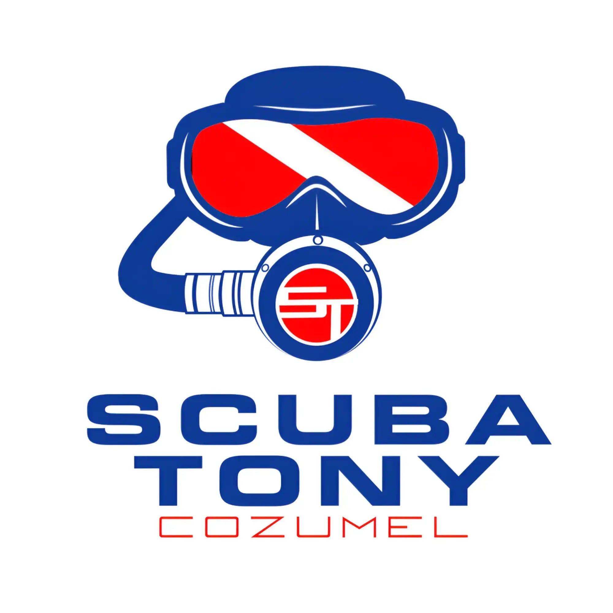 Blue and red scuba diving mask with a circular logo on the regulator.