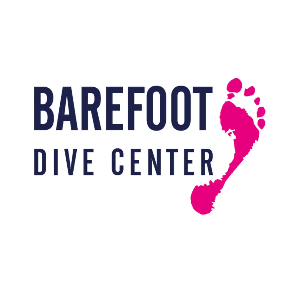 Barefoot dive center logo featuring navy blue text and a vibrant pink foot print.