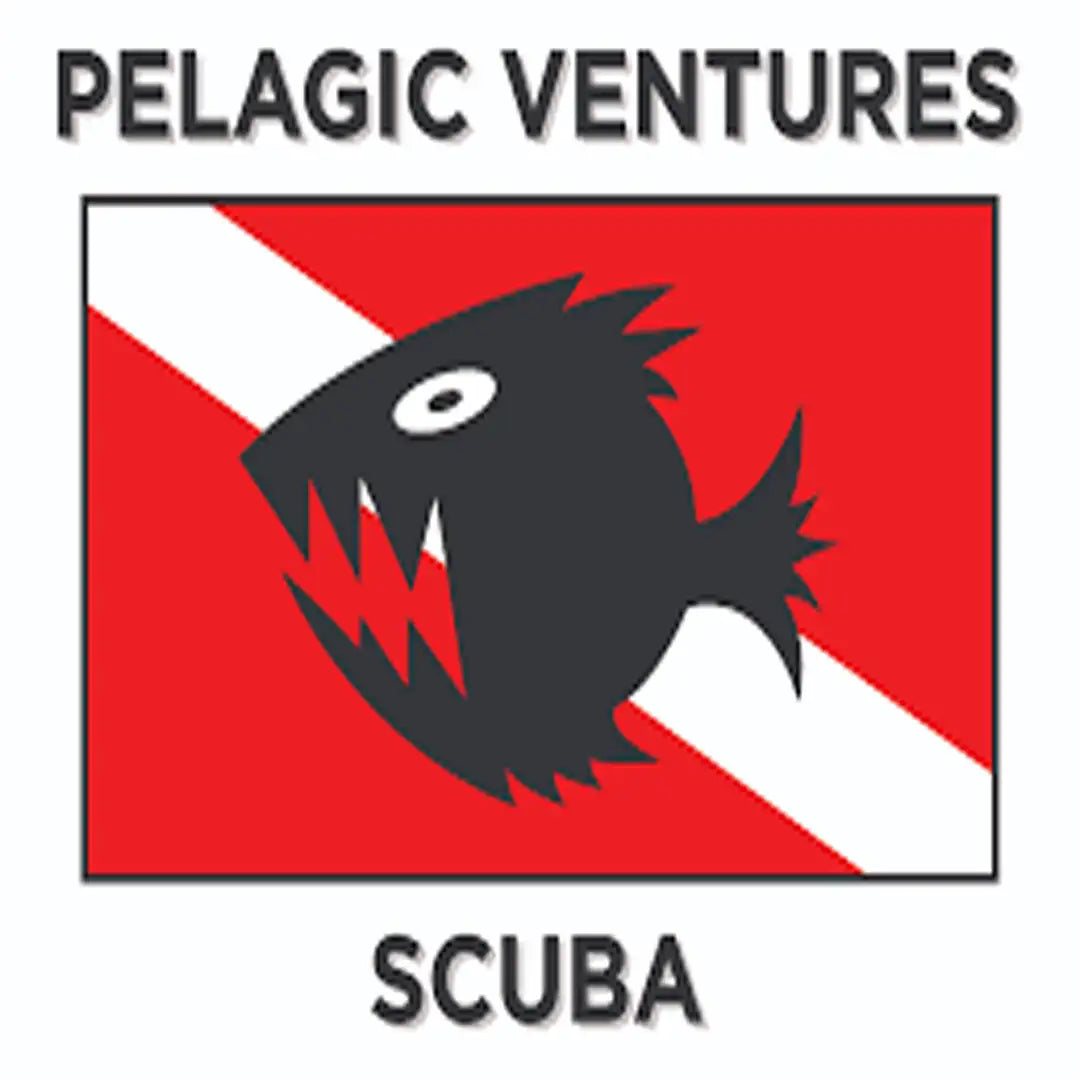 Black cartoon fish emblem on a red and white diagonal-striped scuba diving flag.
