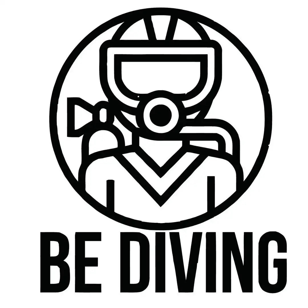 Black and white circular logo featuring a stylized diver in scuba gear with the text ’be diving’ below.