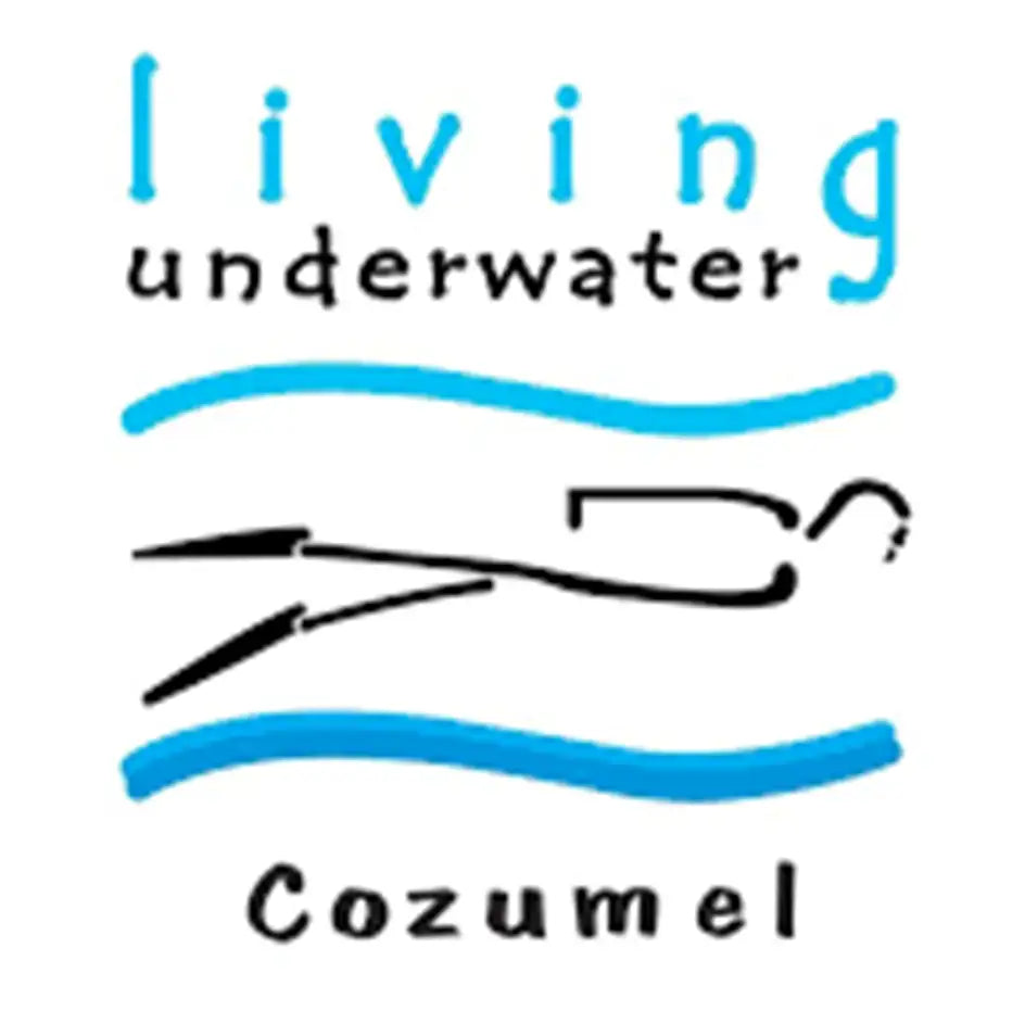 Blue and black ’living underwater cozumel’ logo featuring stylized wave lines and a diver silhouette.