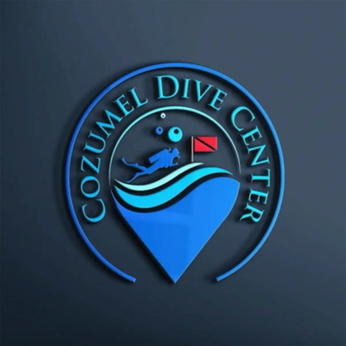 Blue circular logo for cozumel dive center featuring a diver, waves, and a red flag.