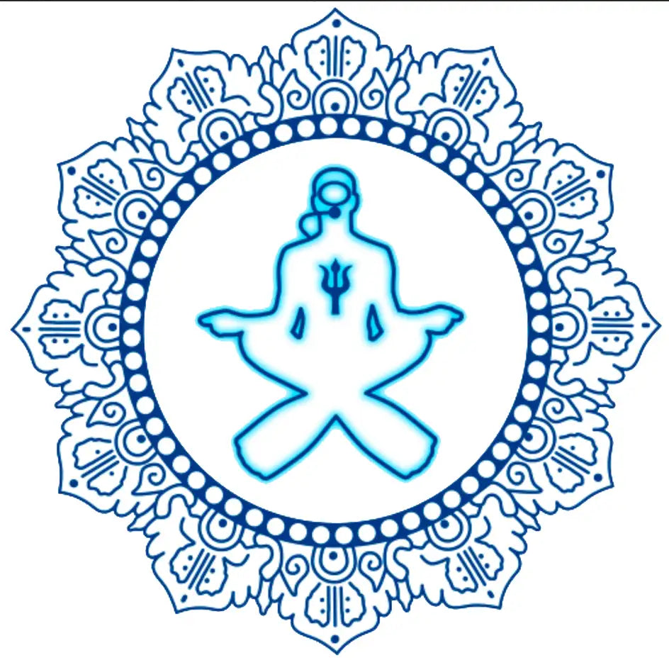 Blue line-art logo featuring a meditating figure with a trident symbol on its chest, encircled by an ornate mandala design.