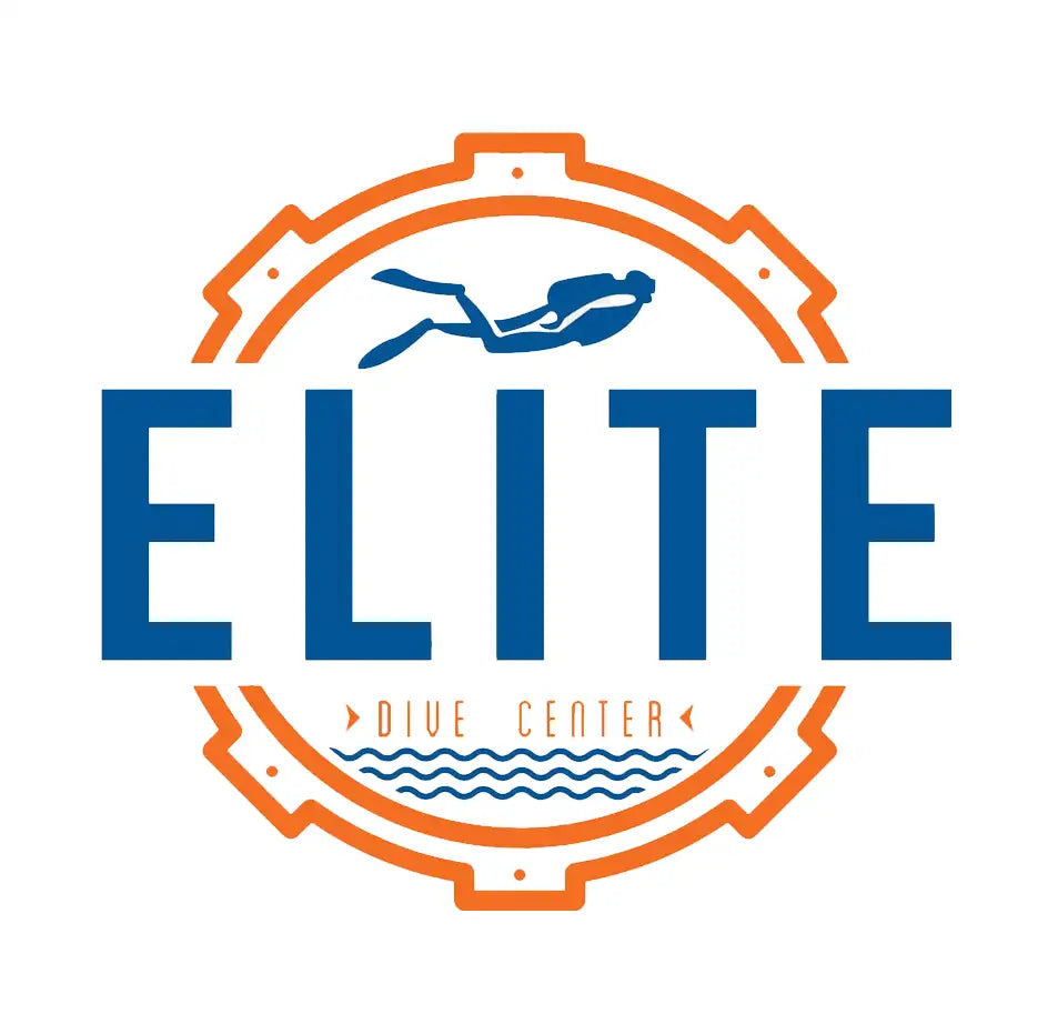 Blue and orange logo for elite dive center featuring a diver silhouette within an gear-like circular frame.