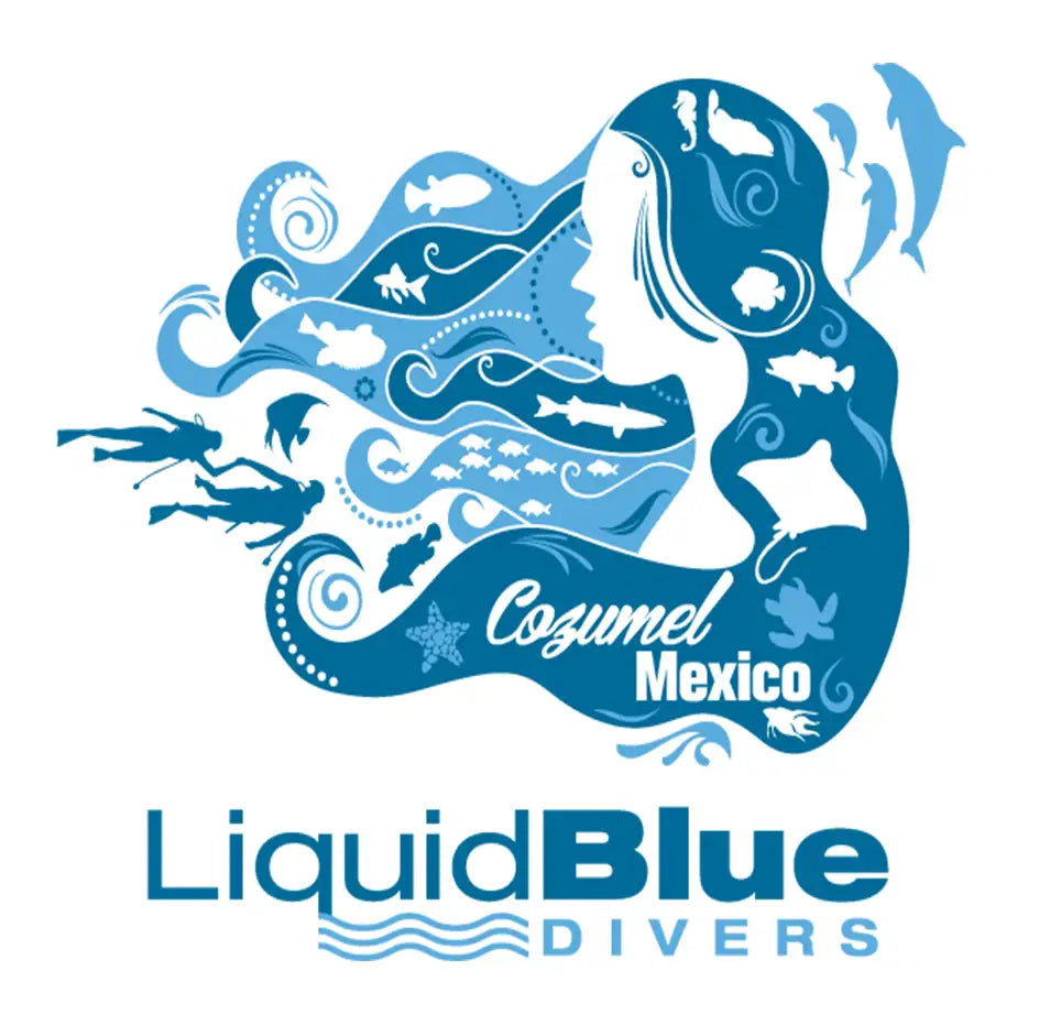 Blue stylized logo featuring a woman’s silhouette with oceanic elements like fish, dolphins, and coral flowing through her hair.