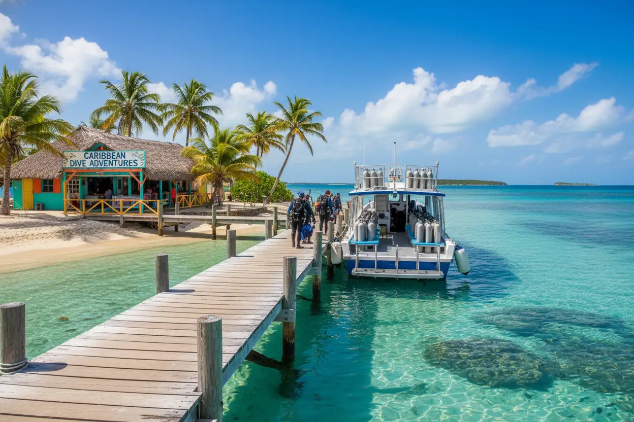 a dive center in the caribbean close to the ocean, with jetty and a dive boat moored on it, with scuba tanks on board 