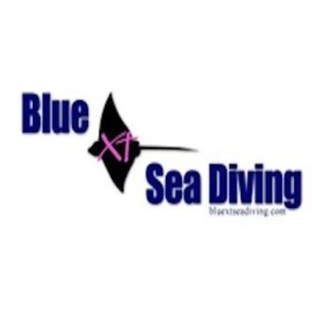 Blue xt sea diving logo featuring a black stingray with pink ’xt’ across its body, set against white background.