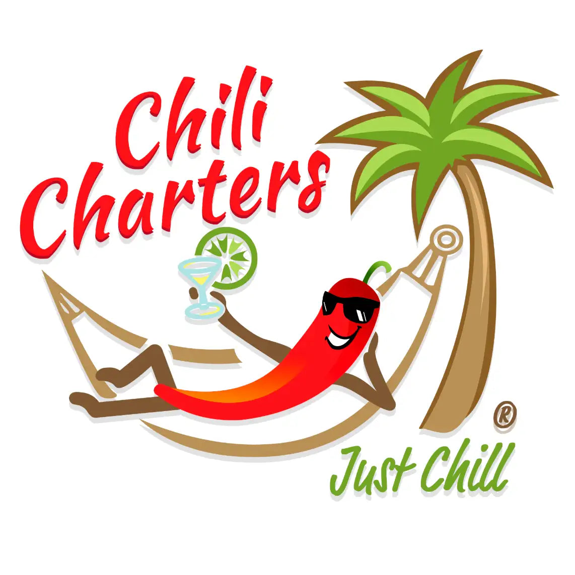 A cartoon red chili pepper wearing sunglasses lounges in a hammock under a palm tree, holding a lime-garnished cocktail.