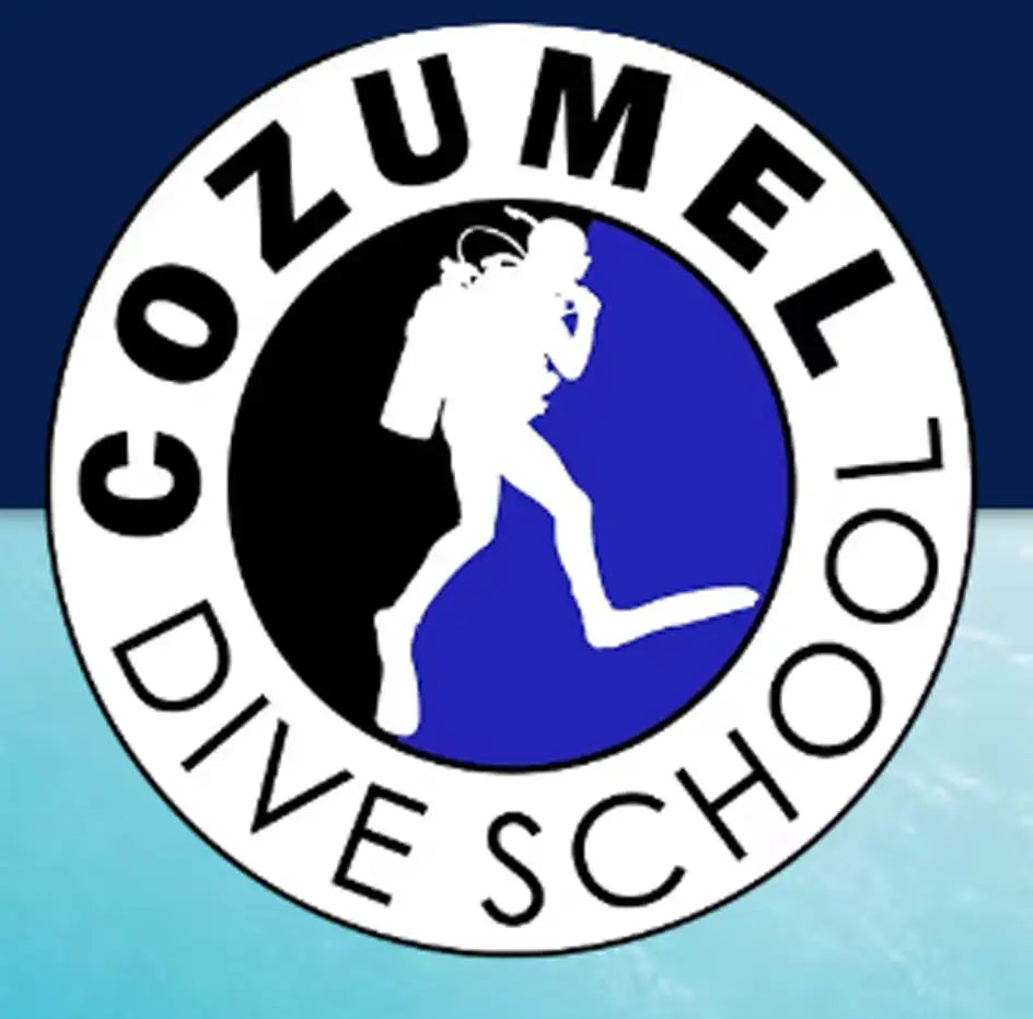 Circular logo for cozumel dive school featuring a white silhouette of a diver against a blue and black background.