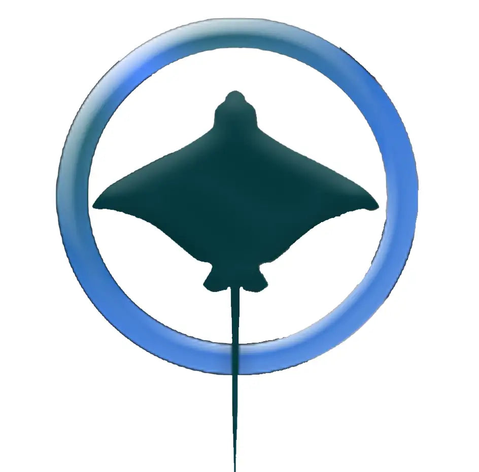 Dark teal stingray silhouette centered within a glowing blue circular frame.