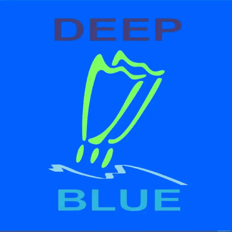 Deep blue logo featuring a neon green stylized harp above the word ’blue’ in light blue text, set against a solid royal blue background.