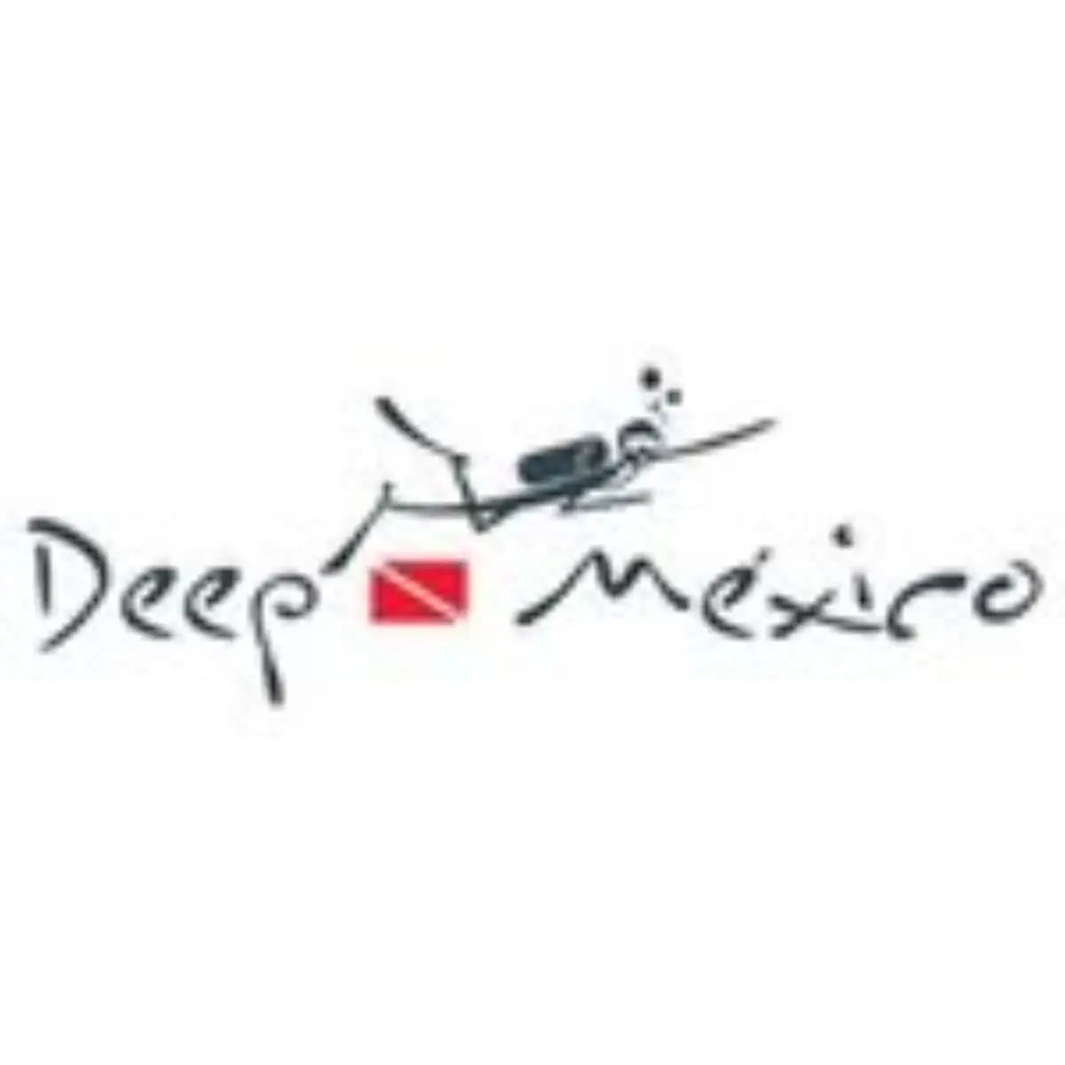 Deep mexico logo featuring a black line drawing of a scuba diver with an oxygen tank and bubbles, positioned above the brand name written in cursive script.