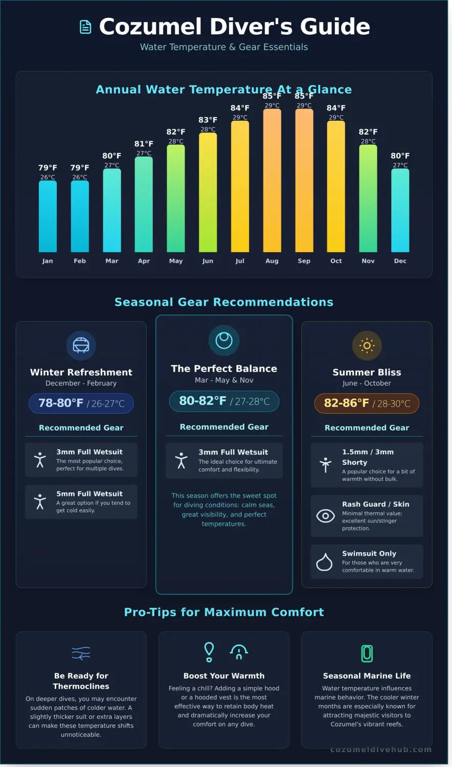 Cozumel water temperature infographic - visual guide
