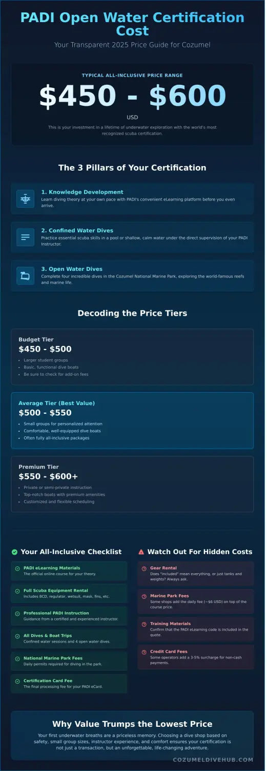 Padi open water certification cozumel cost infographic - visual guide