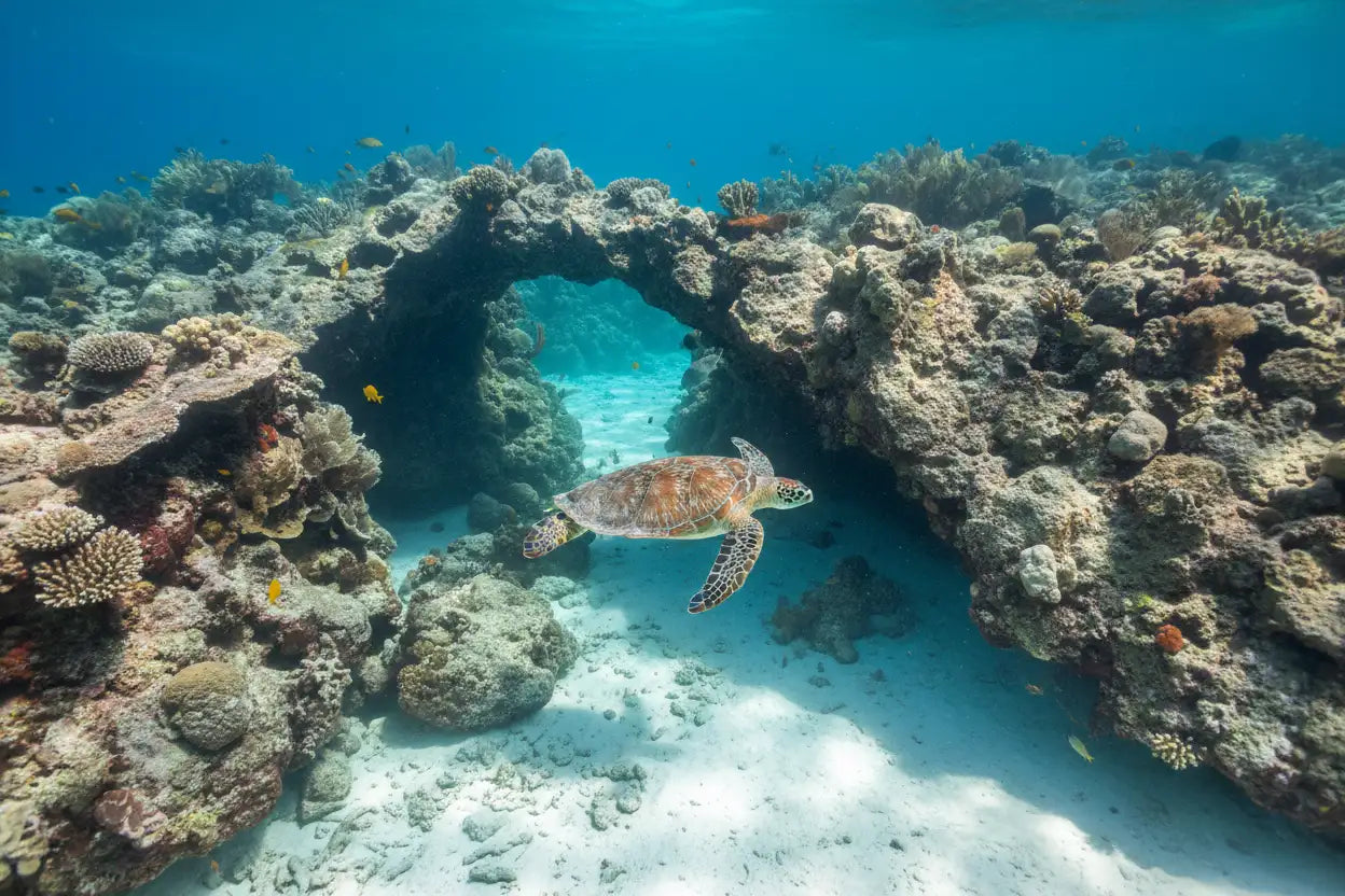 a more realistic coral reef in cozumel, more rocks, dive throughs and white and underwater, a sea turtle 