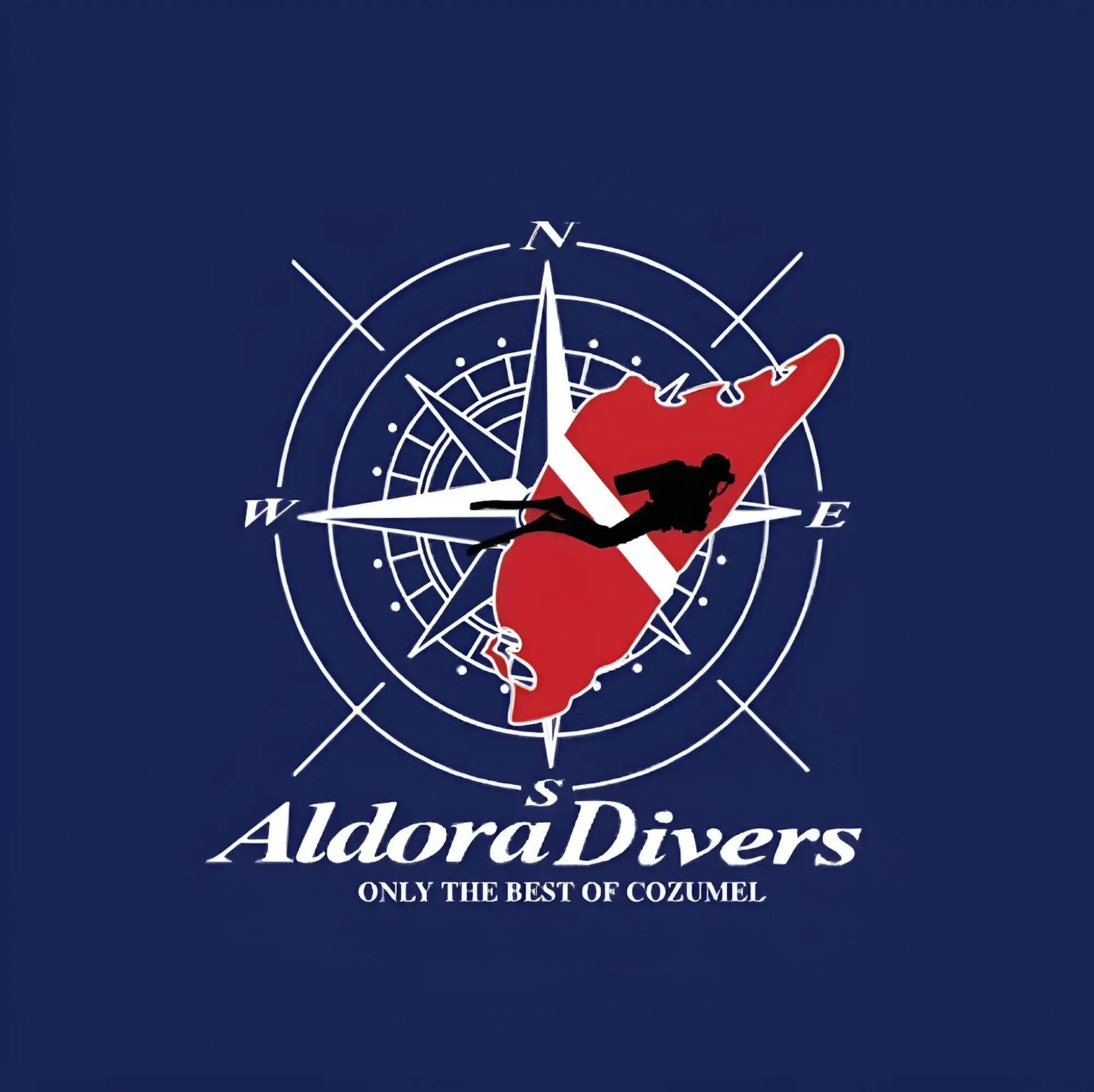 A navy blue t-shirt featuring a white compass rose design with a red map of cozumel and a black silhouette of a diver overlaid on it, branded ’aldora divers’ below.