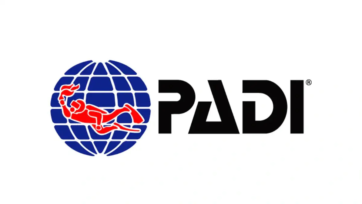 The padi logo features a blue globe with a red scuba diver silhouette and the black ’padi’ text beside it.