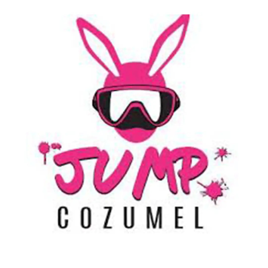 Pink bunny head wearing ski goggles with the word ’jump’ and ’cozumel’ below it.