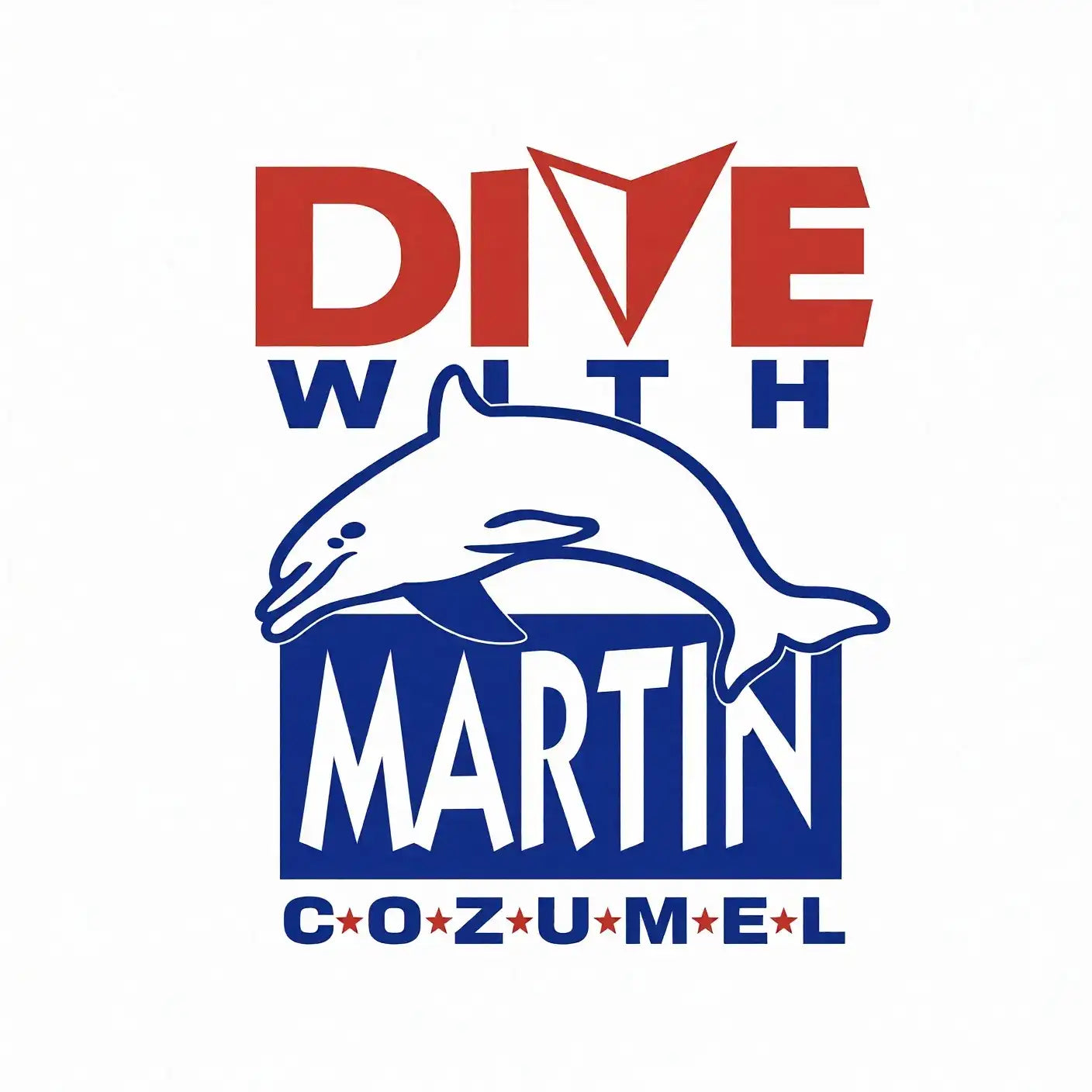 Red, blue, and white graphic logo featuring a dolphin with the text ’dive with martin’ above it.