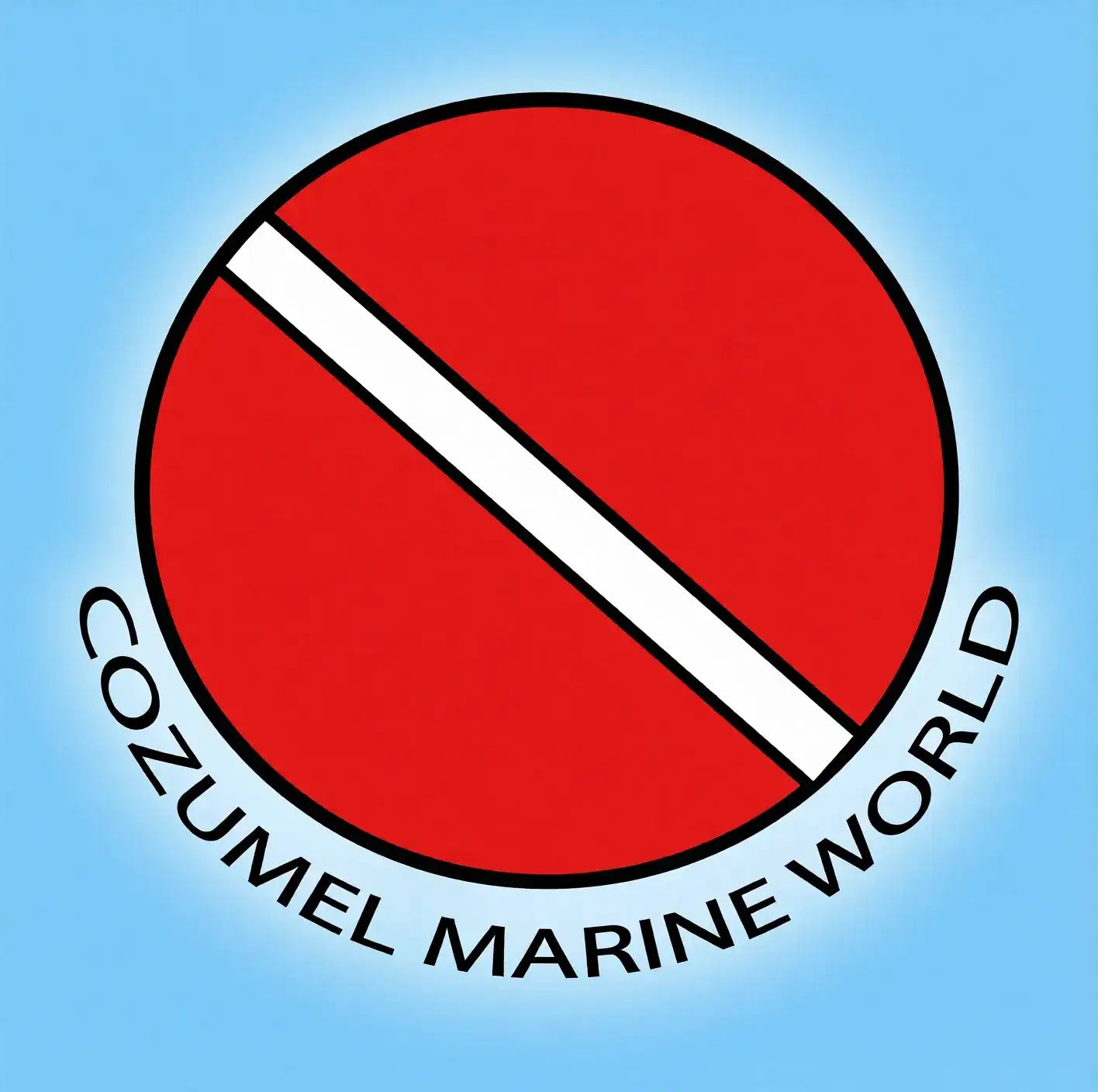 Red circular scuba diving symbol with a white diagonal stripe, encircled by the text ’cozumel marine world’ in black.