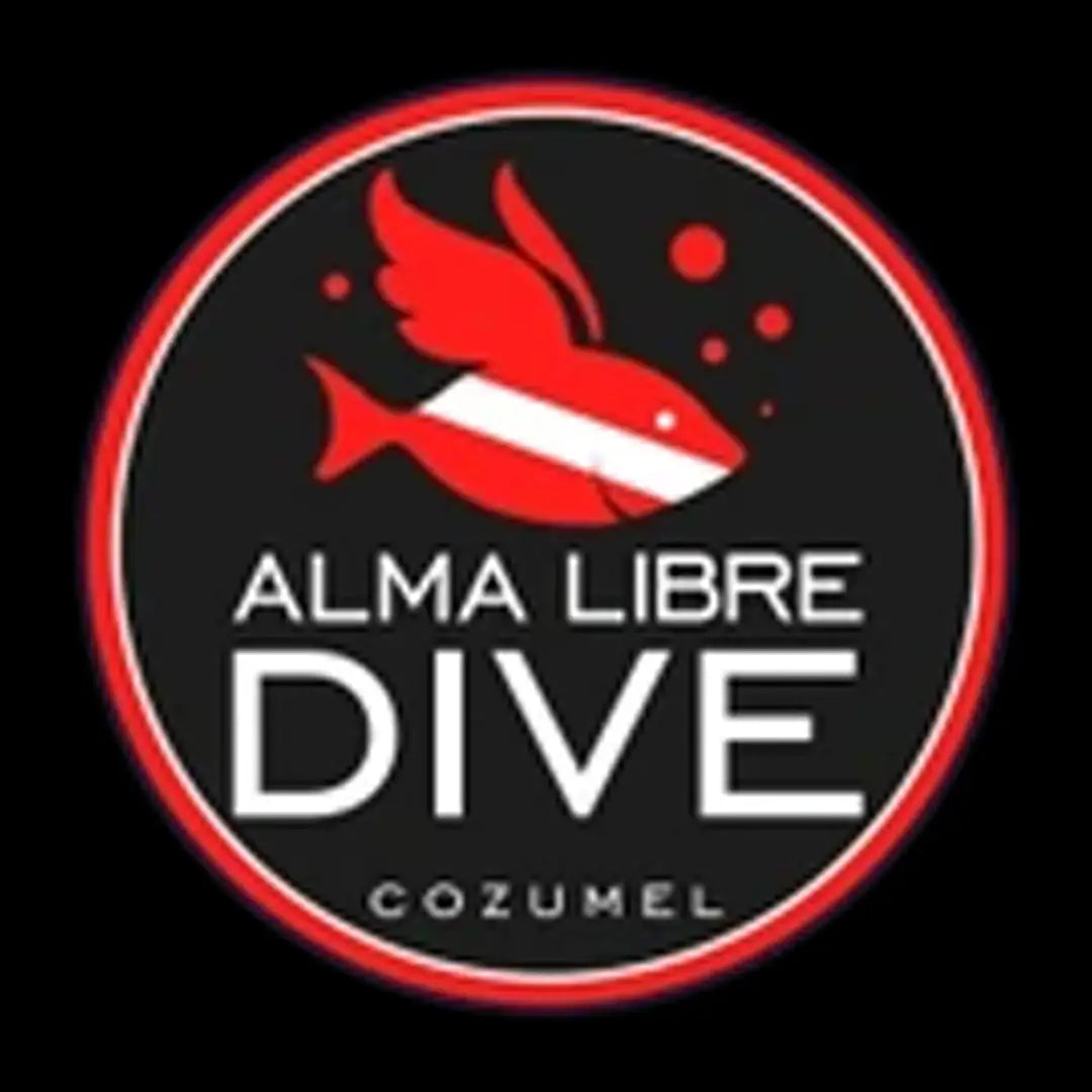 Red fish logo with white stripe and bubbles on a black circular background, featuring the text ’alma libre dive cozumel’ in bold white letters.
