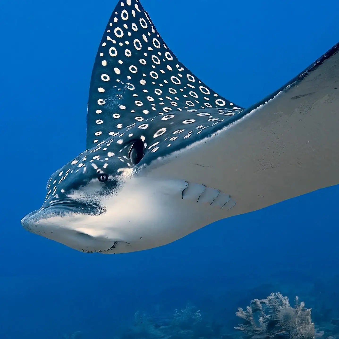 A spotted eagle ray with a dark blue and white patterned dorsal surface, light gray underbelly, and sleek, streamlined body gliding through clear ocean water.