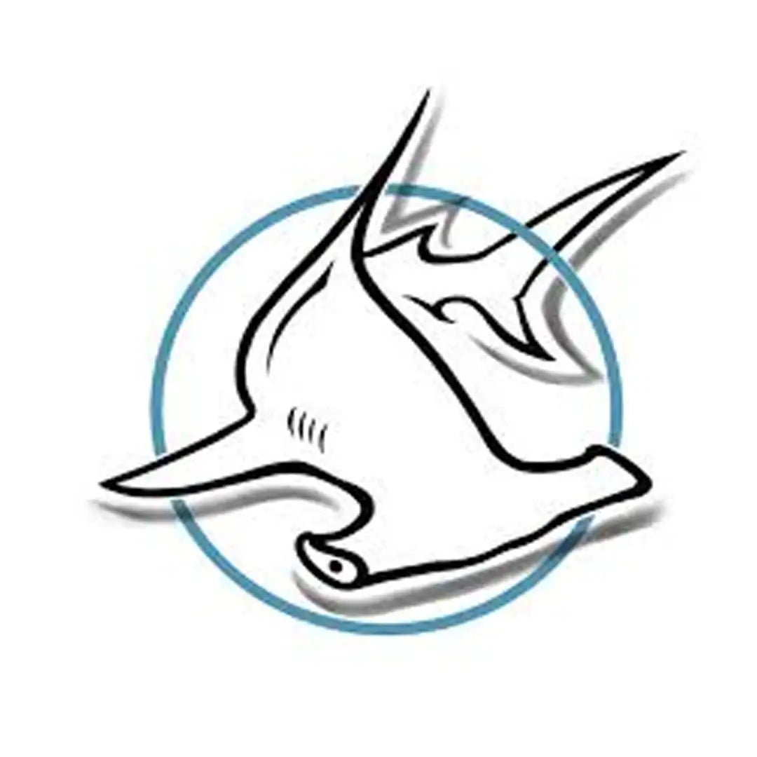 Stylized black line drawing of a hammerhead shark within a light blue circular outline.