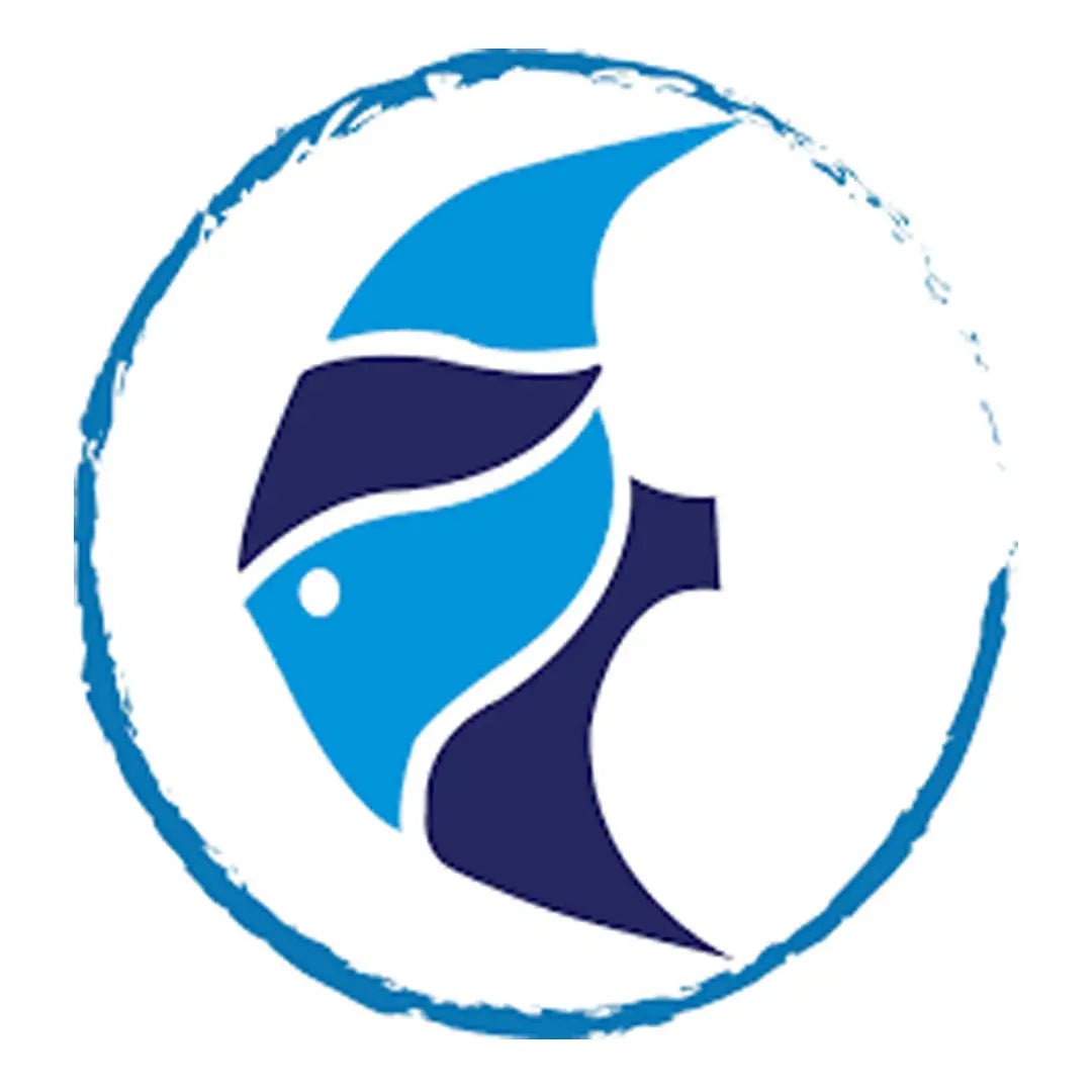 Stylized blue fish logo with a white eye, set within a textured circular border.