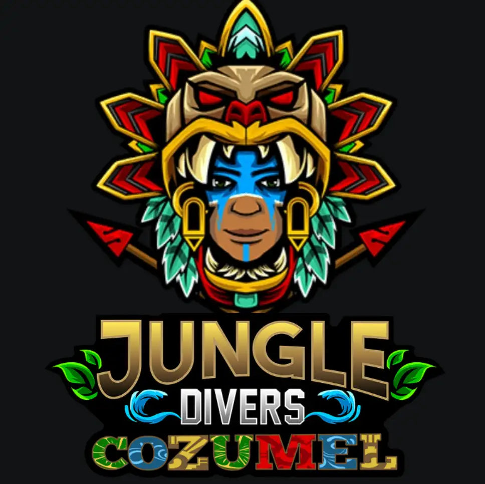 Vibrant, stylized logo featuring a turquoise and gold mayan-inspired mask with red eyes and feathered headdress above the text ’jungle divers cozumel.’