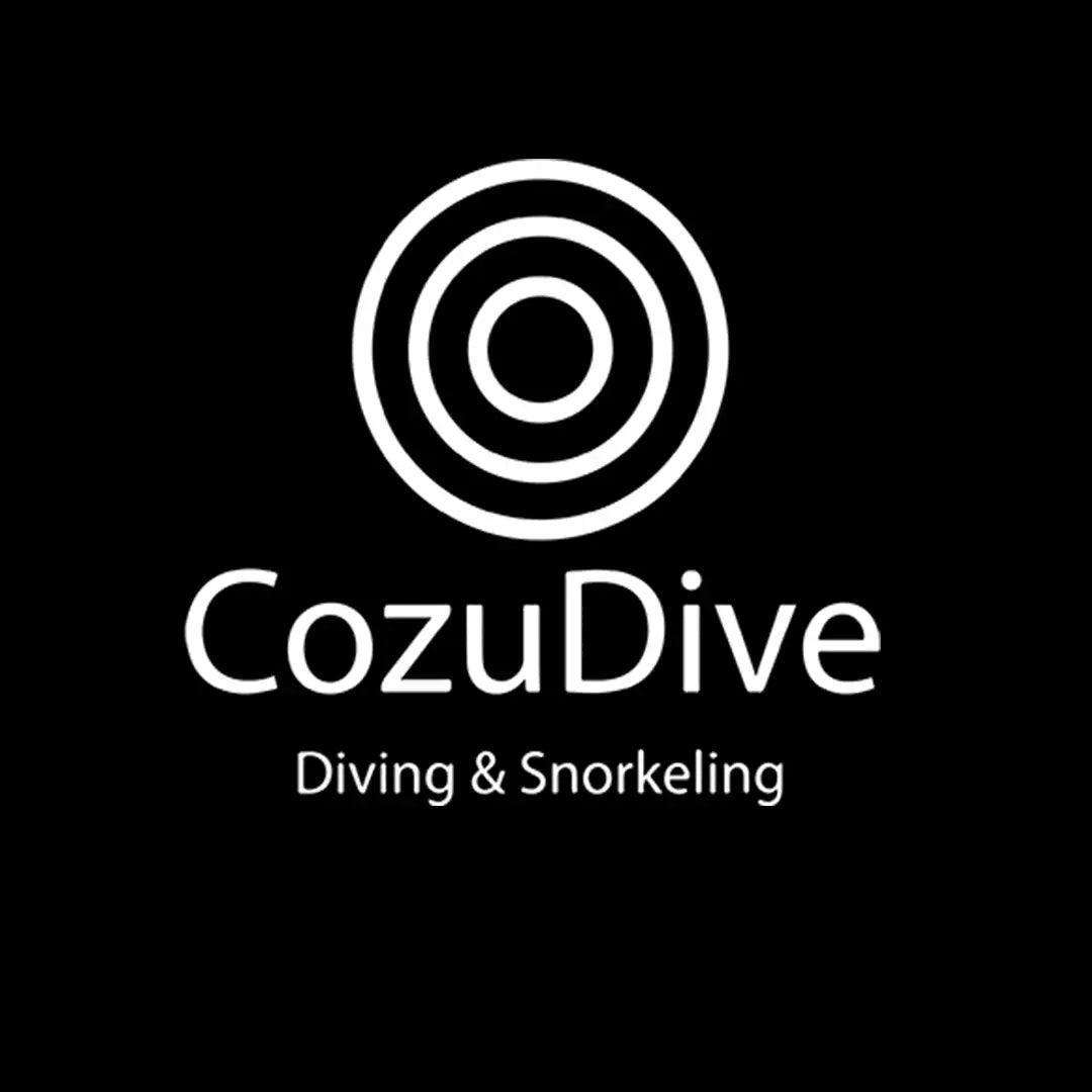 White cozudive logo featuring concentric circles above the brand name and ’diving & snorkeling’ text.