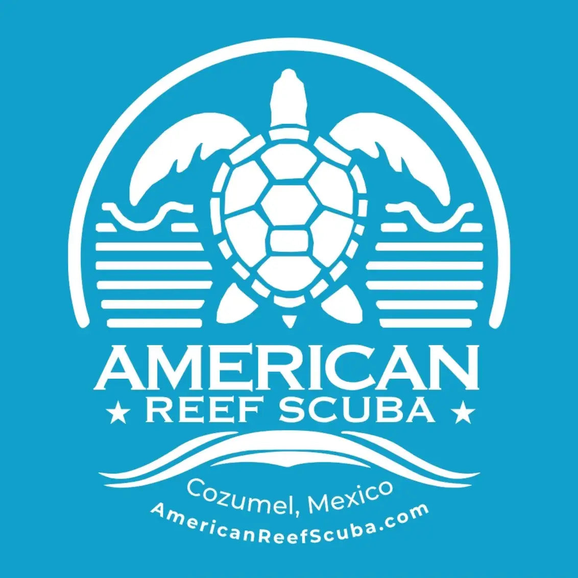 White logo featuring a stylized sea turtle with wings and ocean waves, set against a solid blue background.