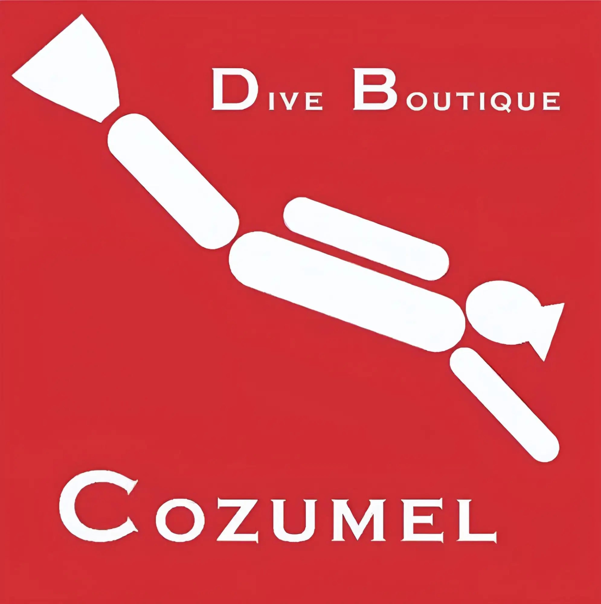 White stylized graphic of a diver with scuba gear on a red background.