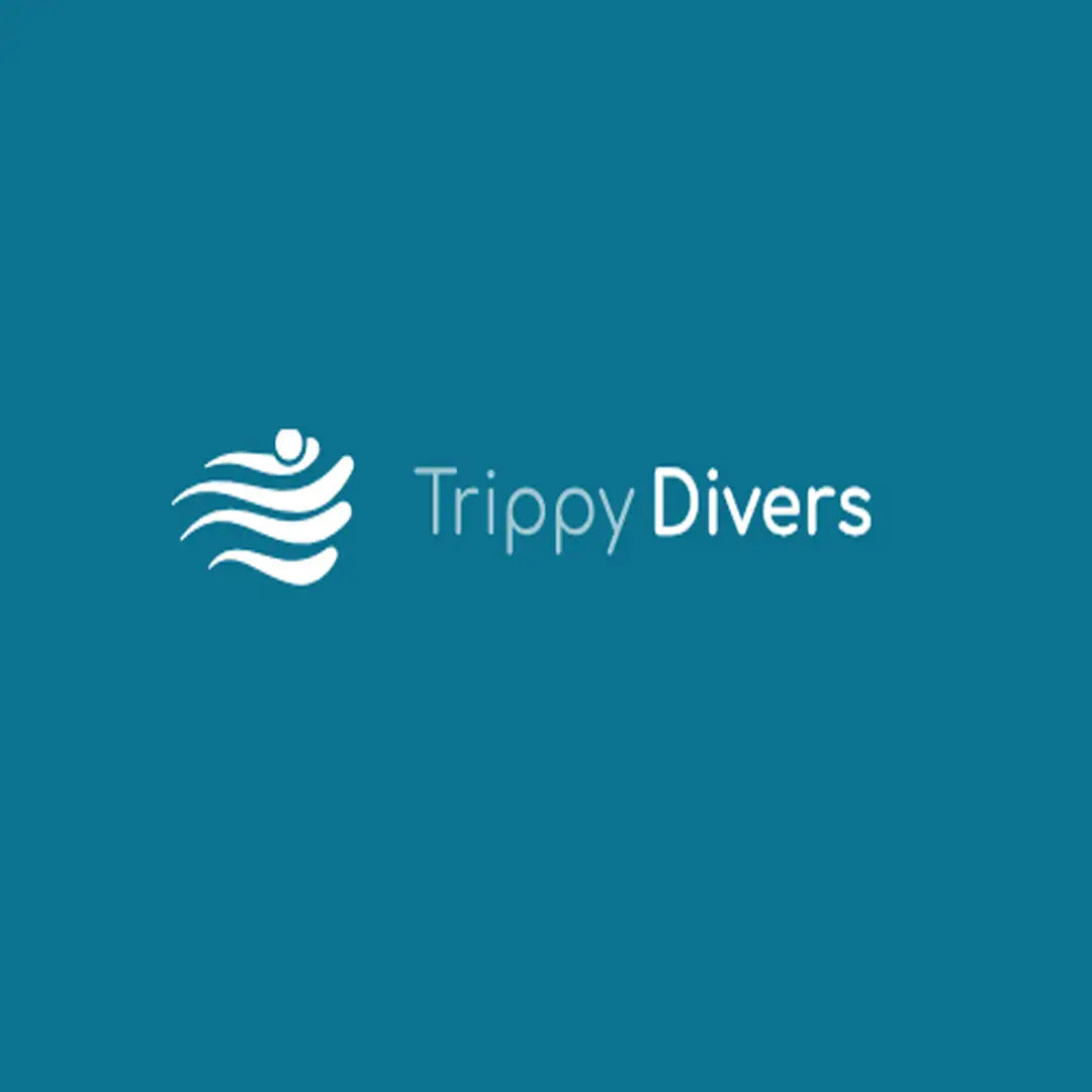 White ’trippy divers’ logo featuring a stylized diver silhouette with flowing wave lines.