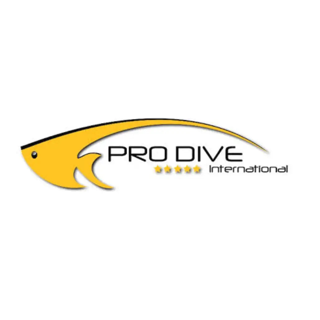 Yellow stylized fish logo for pro dive international.