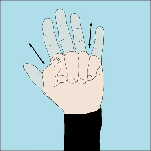 Dive hand signal for cramp: fingers of one hand drawn inward in a clenching motion
