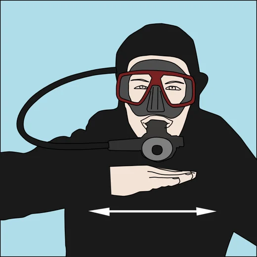 Dive hand signal for out of air: flat hand drawn horizontally across the throat