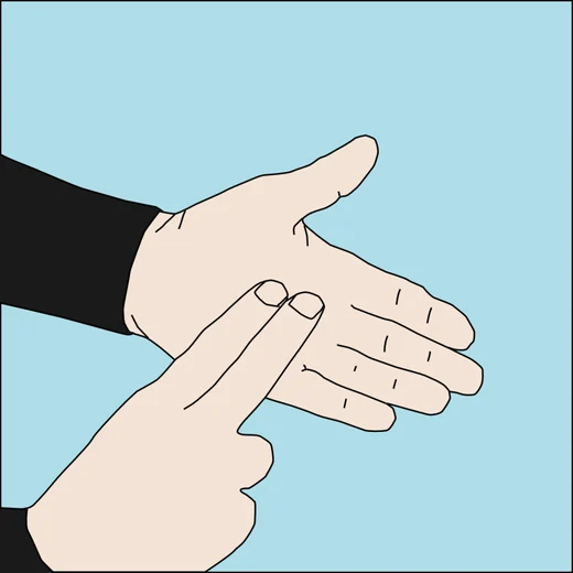 Dive hand signal asking how much air remains: two fingers of one hand tapped against the flat palm of the other