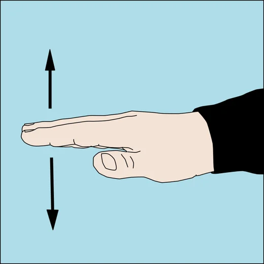 Dive hand signal for slow down: flat hand, palm down, moved gently up and down