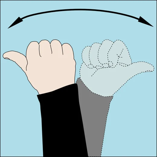 Dive hand signal asking which way: flat hand swept in an arc to either side