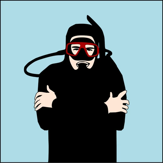 Dive hand signal for cold: arms crossed over the chest, hands gripping the shoulders
